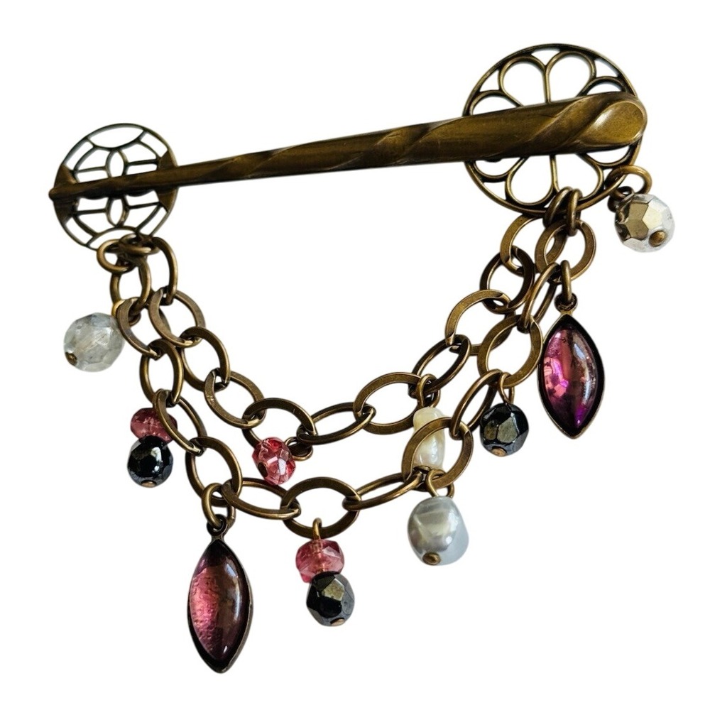 VTG Marjorie Baer SF Pin Brooch Signed Regal Crystal Pearl Mod Bronze Chunky Big